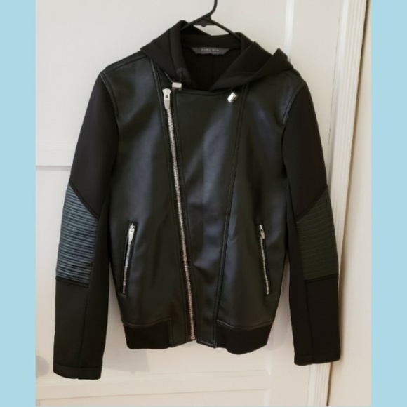 Zara Other - ZARA MAN Black Faux Leather Hoodie Biker Jacket M